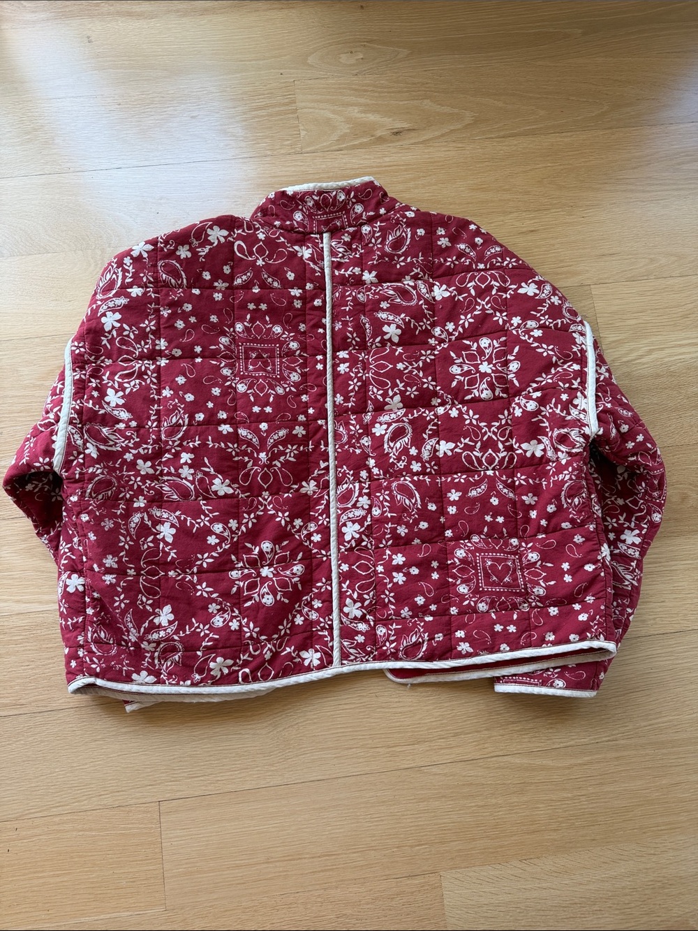 Free People Red Quilted Floral Puffer Jacket with Cream Trim - Picture 3 of 5